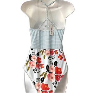 Floral Sailor Back Waterfall Stripes One-Piece Swimsuit